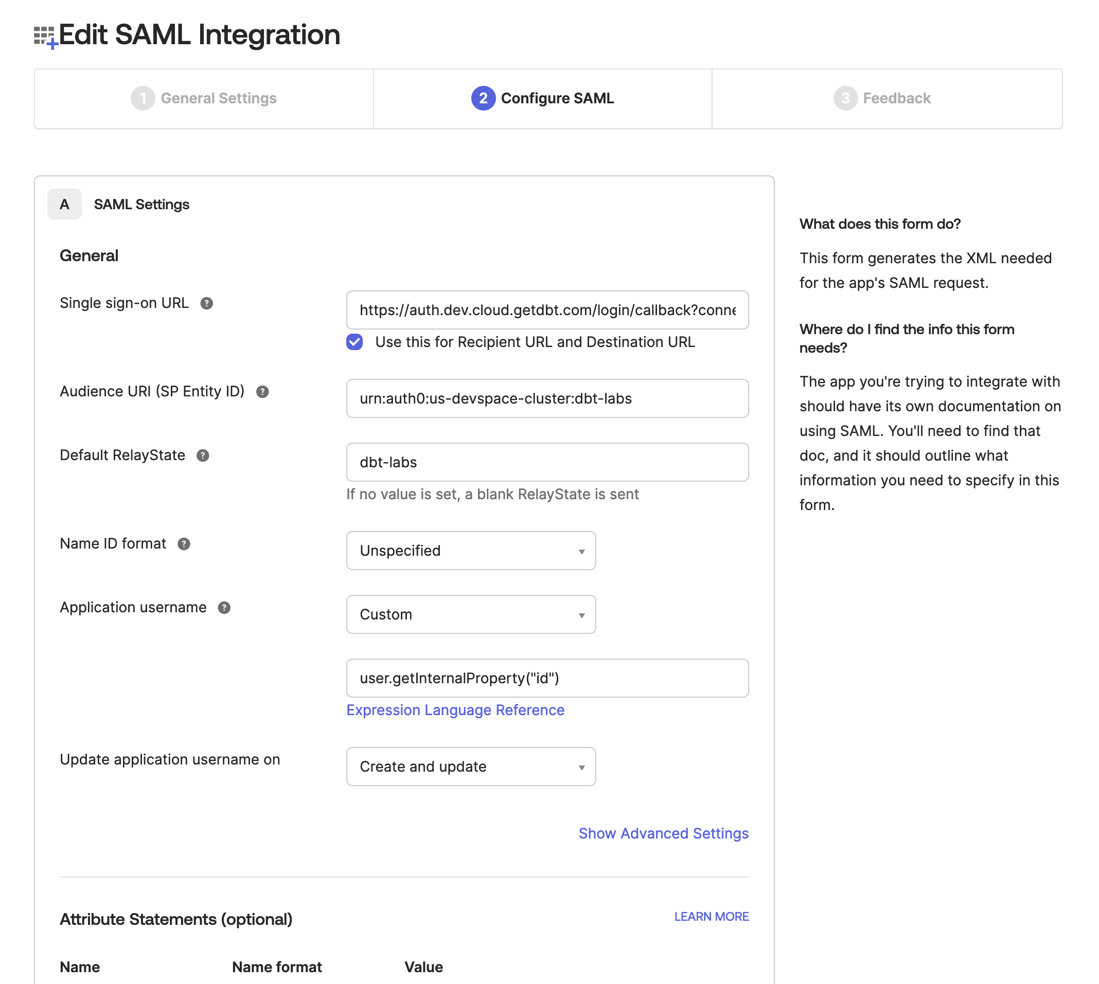 Configure the app's SAML Settings