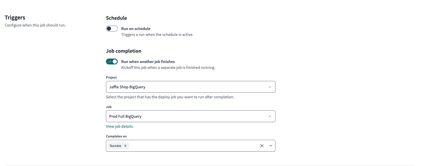 Example of Trigger on job completion on the Deploy job page